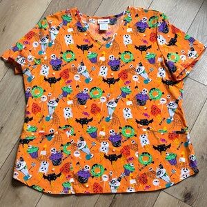 Scrubstar Womens Halloween Scrubs Top Orange XL Pockets Cupcake Bats Ghost